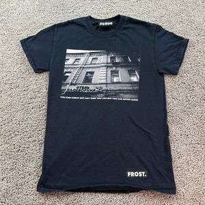 Frost Shirt Mens Small Black White Cyrillic You Can Never Leave Short Sleeve